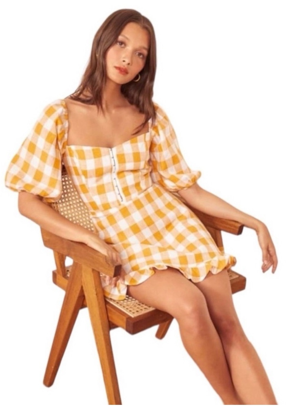 Reformation Seattle Gingham Cottage Plaid Mini Dress Linen Sz 2 Puff Sleeves USA